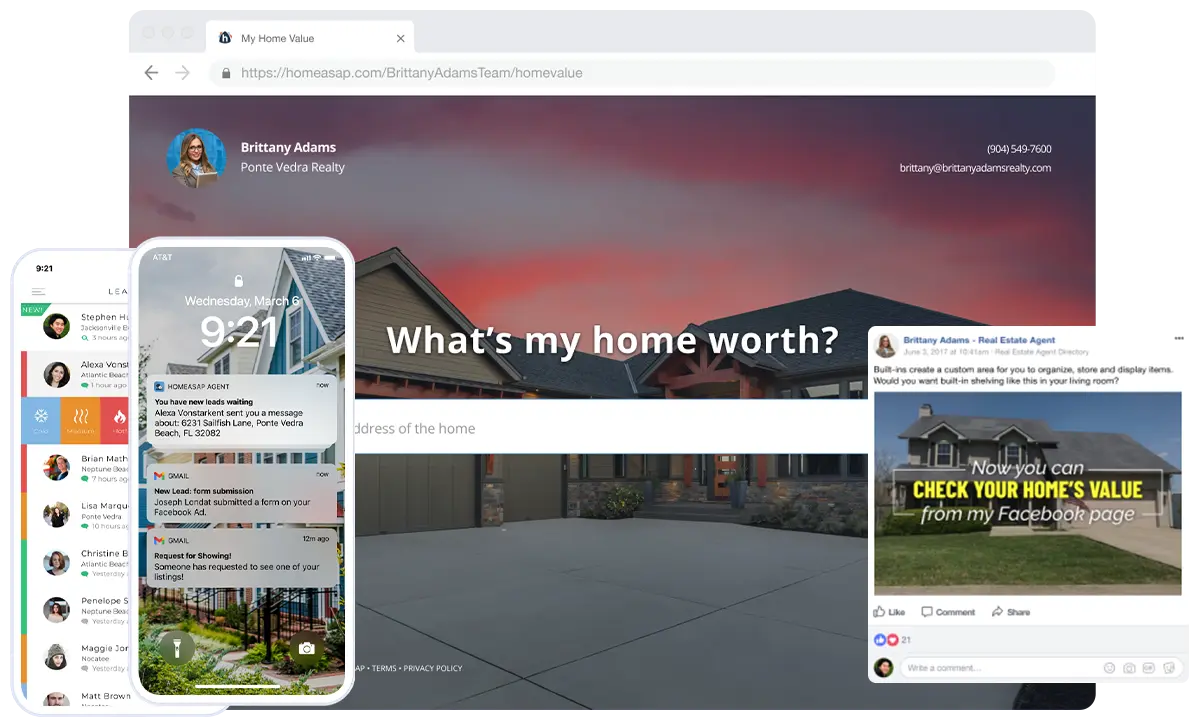Home Value Leads Tool interface showing Facebook post and lead form