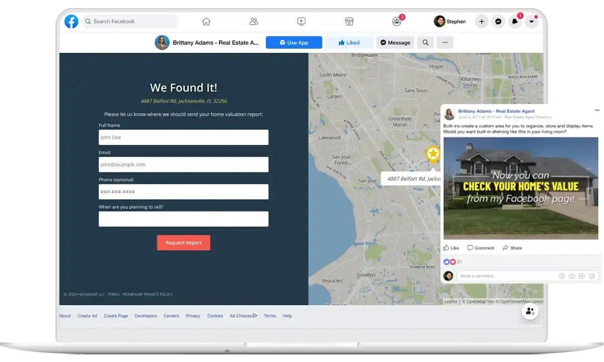 Example Facebook promotional post and home value request form